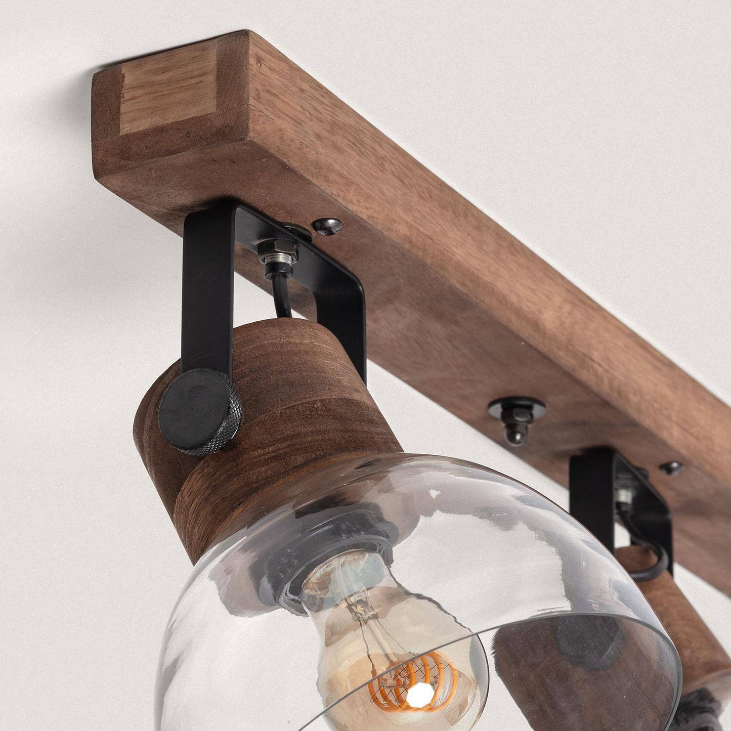 Plafonnier 4 Spots en Bois et Verre, IP20, 40W, Installation en Saillie