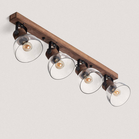 Plafonnier 4 Spots en Bois et Verre, IP20, 40W, Installation en Saillie
